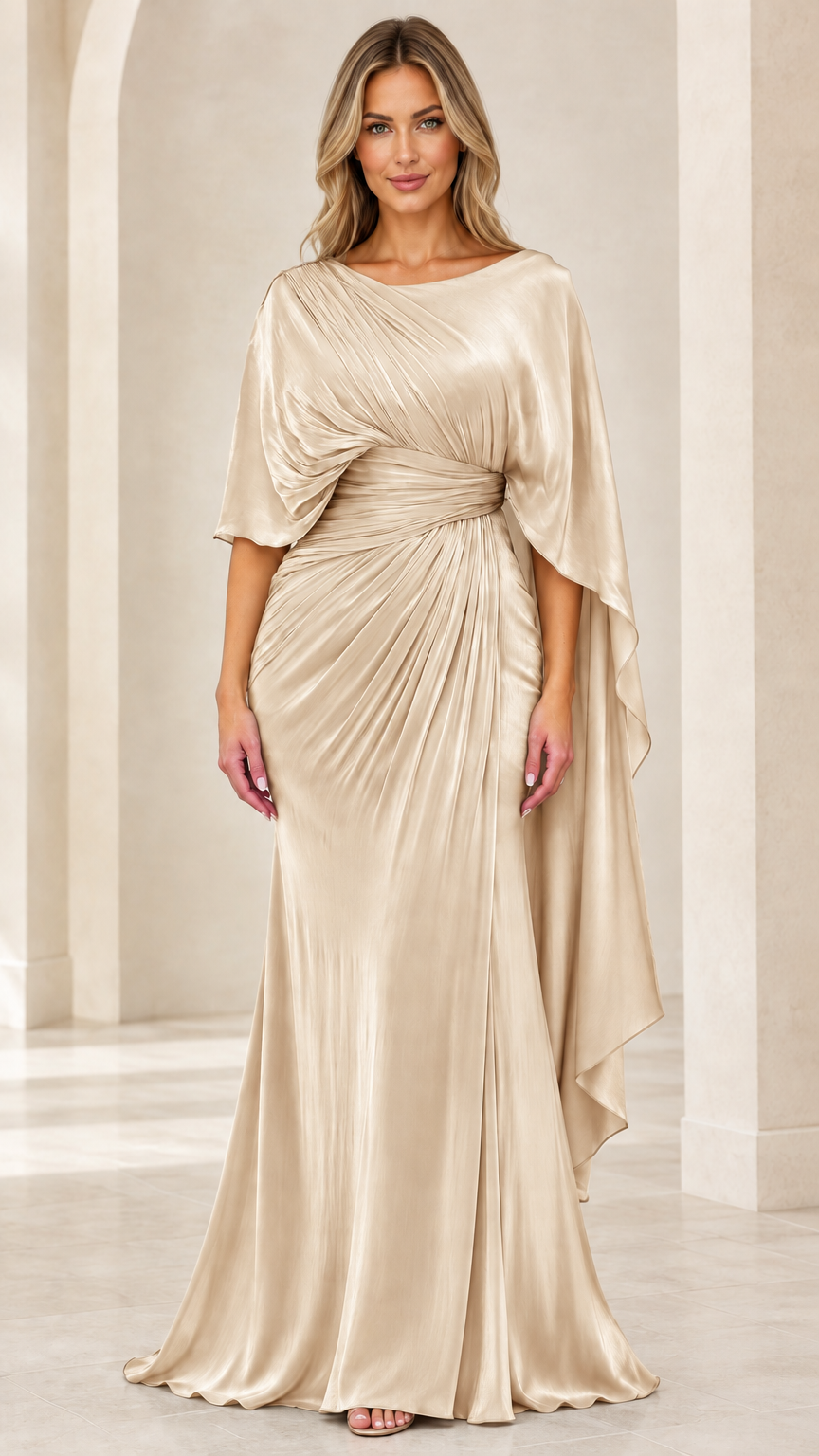 Champagne gold satin cape sleeve floor length evening gown