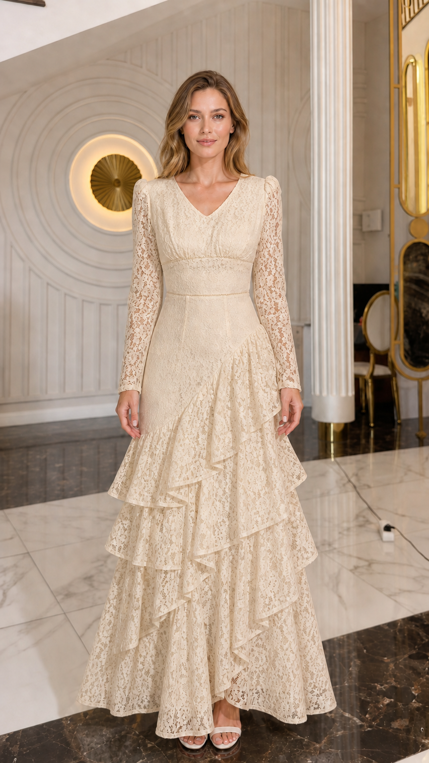 Model wearing champagne beige long-sleeve lace tiered formal dress