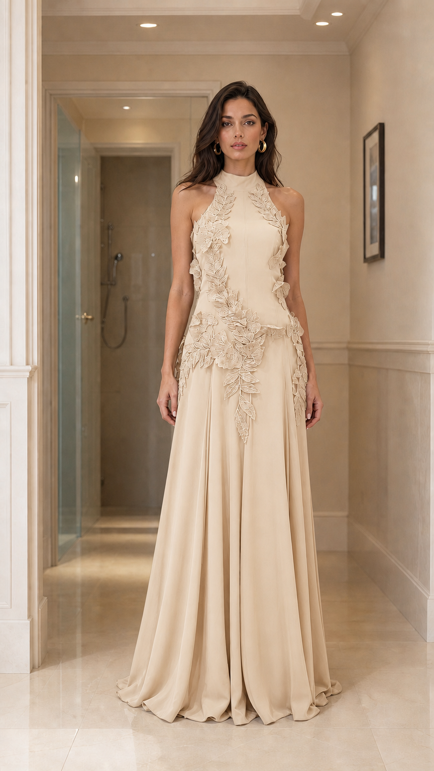 Front view of champagne beige halter neck maxi dress