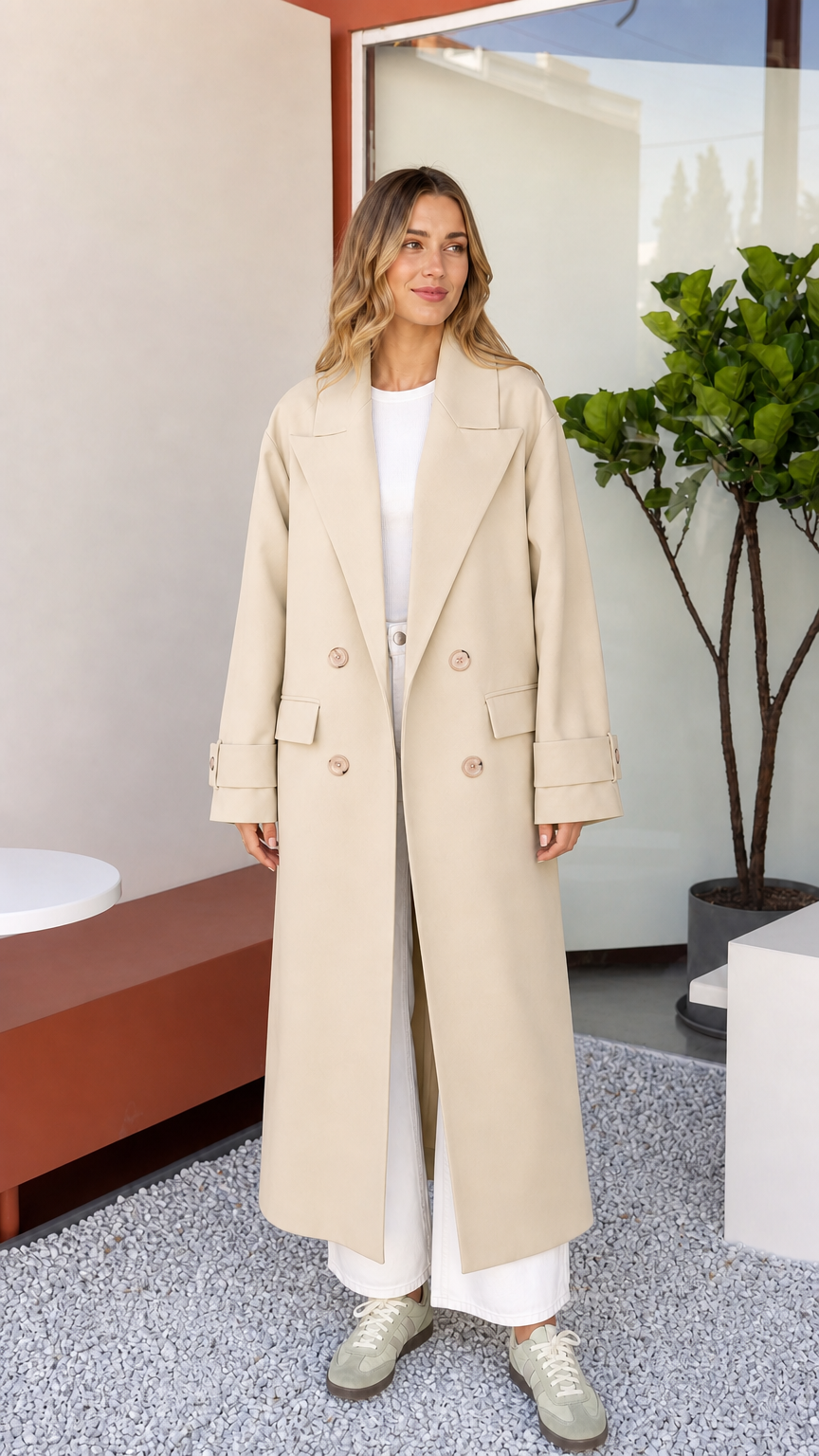 Front view of woman wearing neutral Beige longline tailored coat