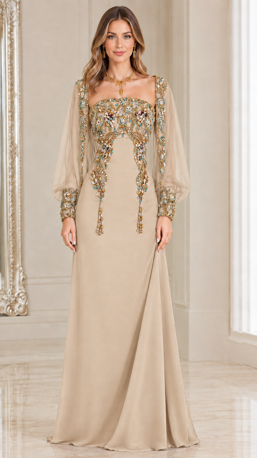 Champagne beige beaded formal maxi dress with embellished cuffs
