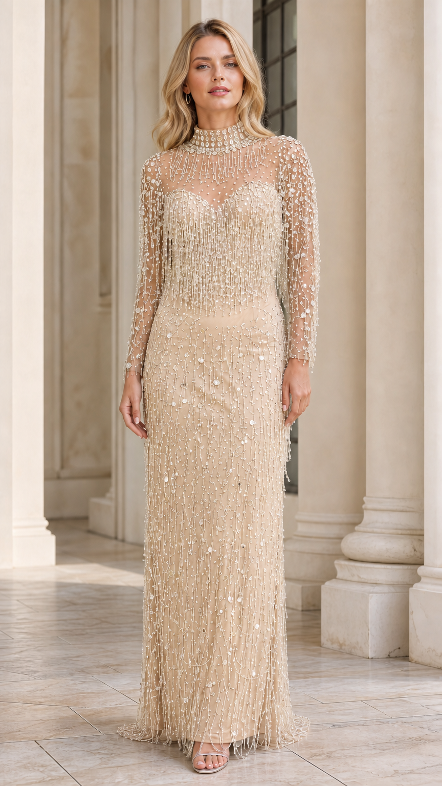 Model wearing champagne beaded long sleeve evening gown