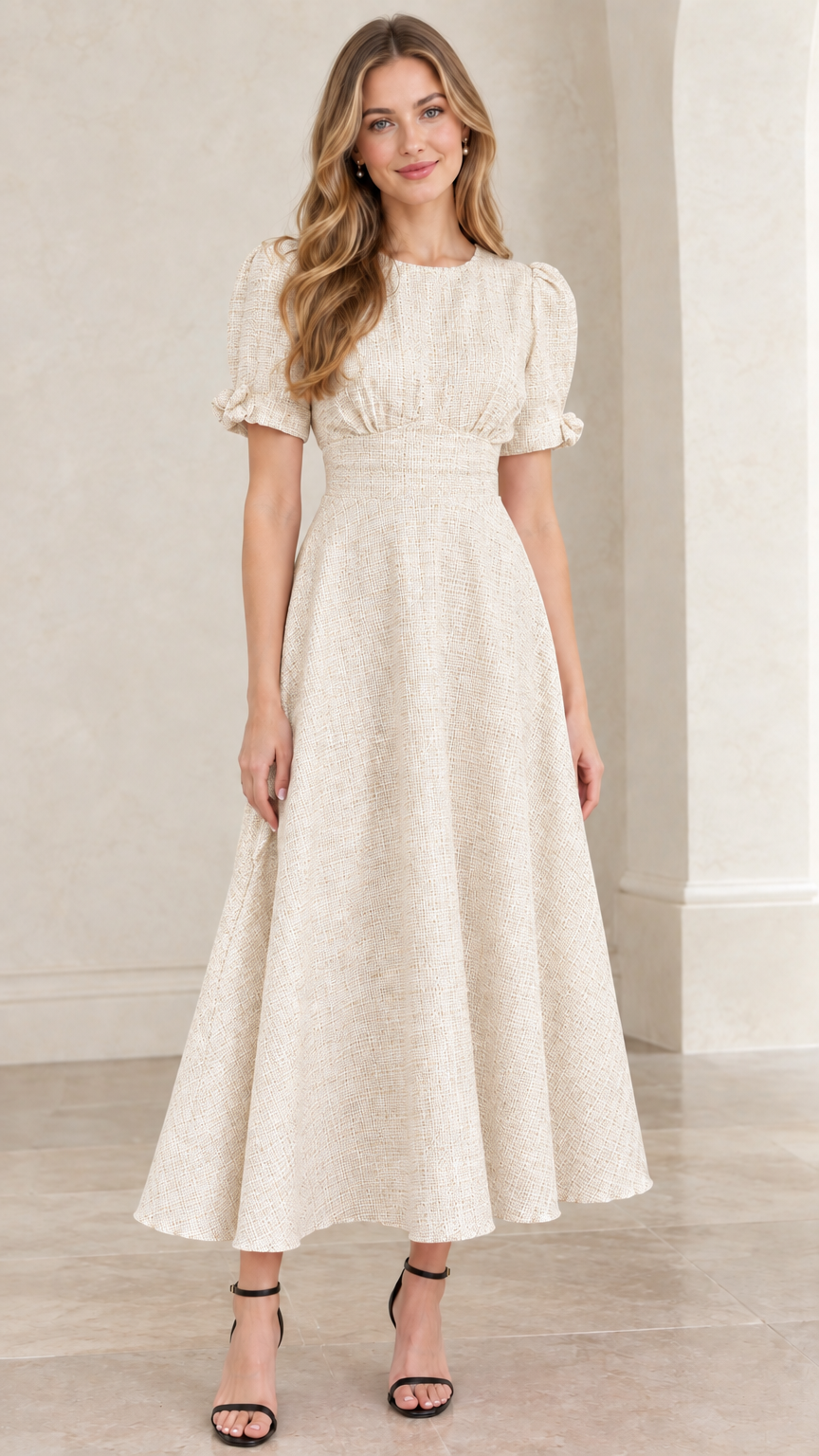 Model wearing cream off-white textured tweed puff sleeve midi dress