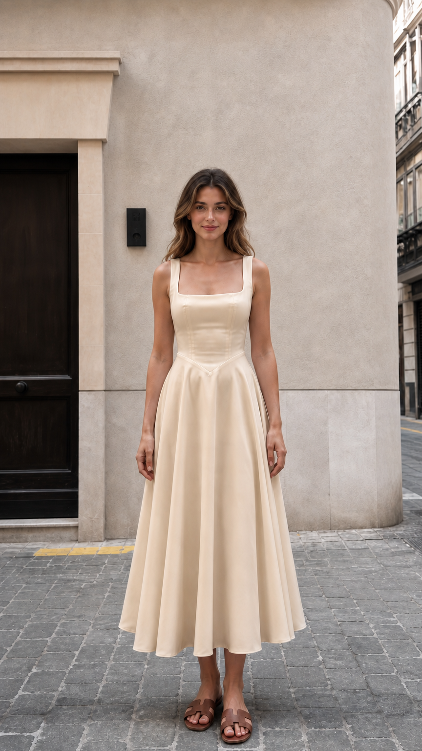 Front view of woman wearing beige square neck midi dress