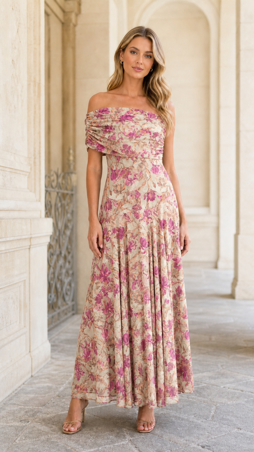Model wearing beige floral variant of the maxi dress