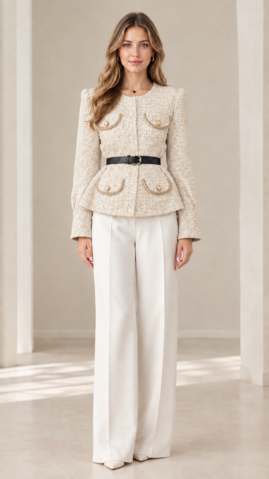 Front view of model wearing elegant cream off-white belted tweed jacket