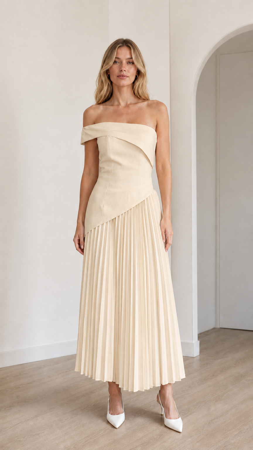 Model wearing champagne off-shoulder asymmetric pleated midi dress