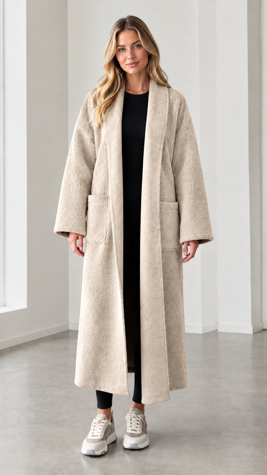 Model wearing cream textured longline open front duster coat