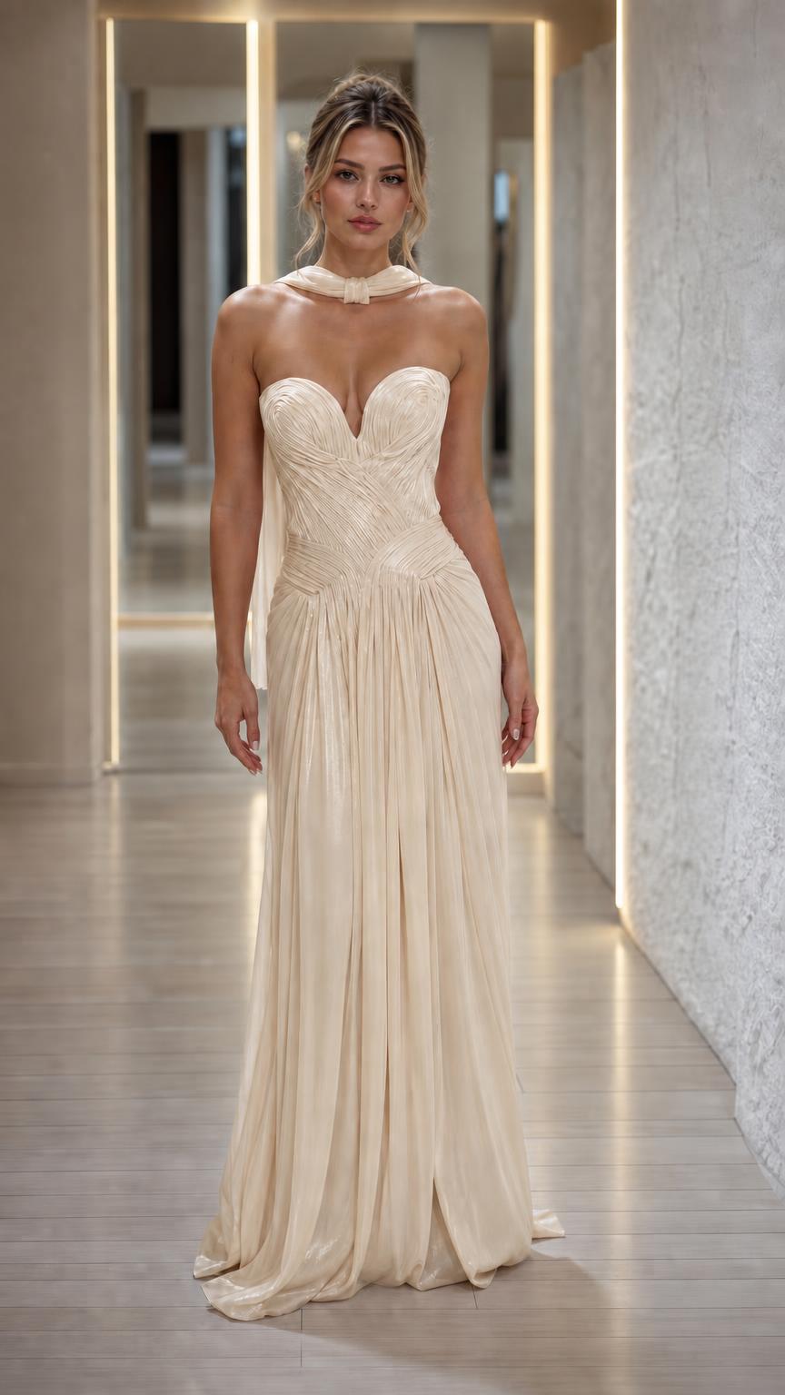 Front view of champagne beige pleated strapless evening dress
