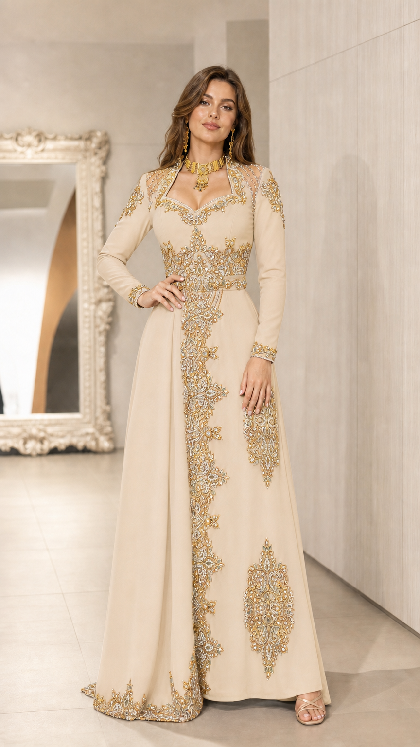 Champagne beige embroidered long sleeve formal evening gown