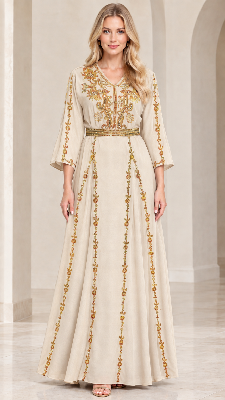 Beige cream embroidered V-neck maxi dress with gold embellishments