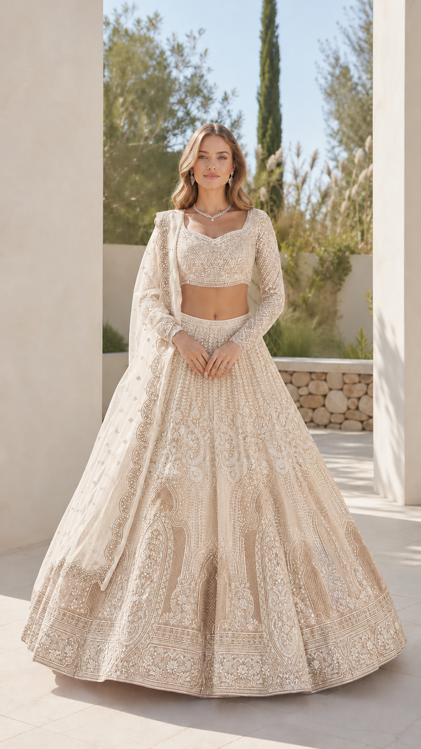 Full front view of ivory champagne embroidered lehenga choli set