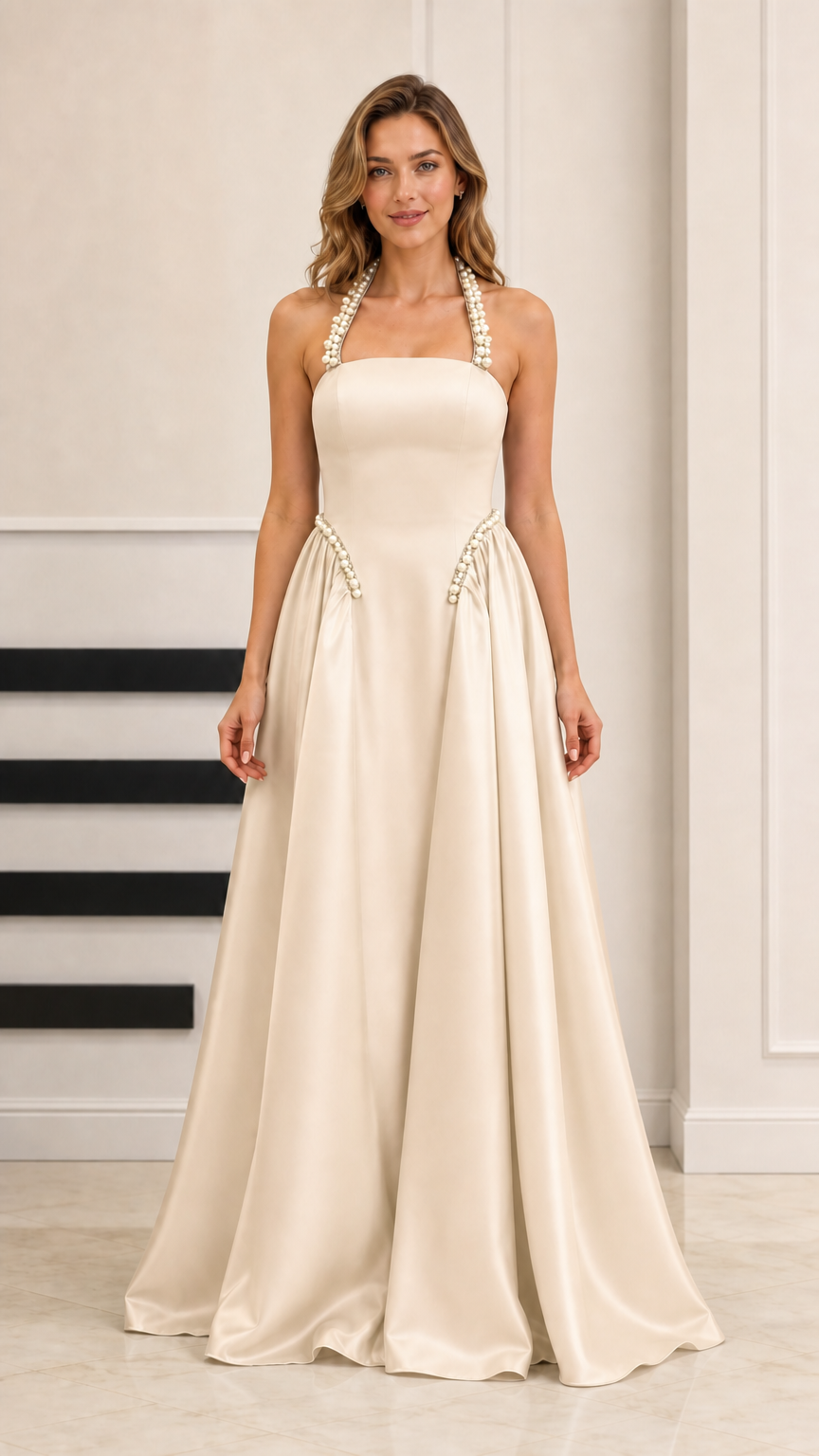 Champagne ivory satin halter formal gown with pearl accents