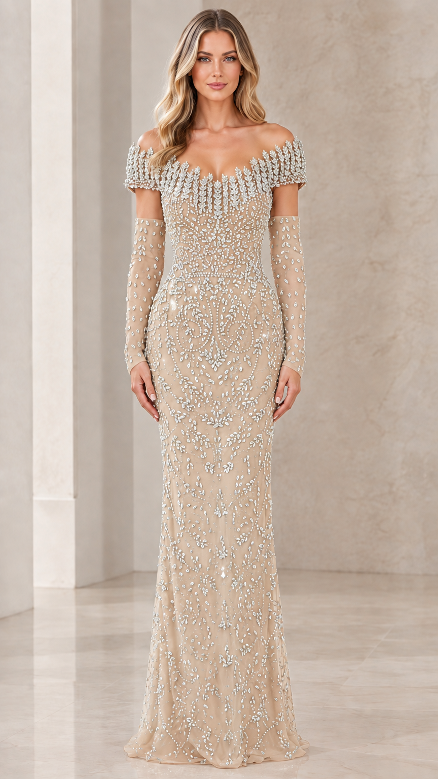 Champagne beige off-the-shoulder beaded mermaid gown with matching gloves