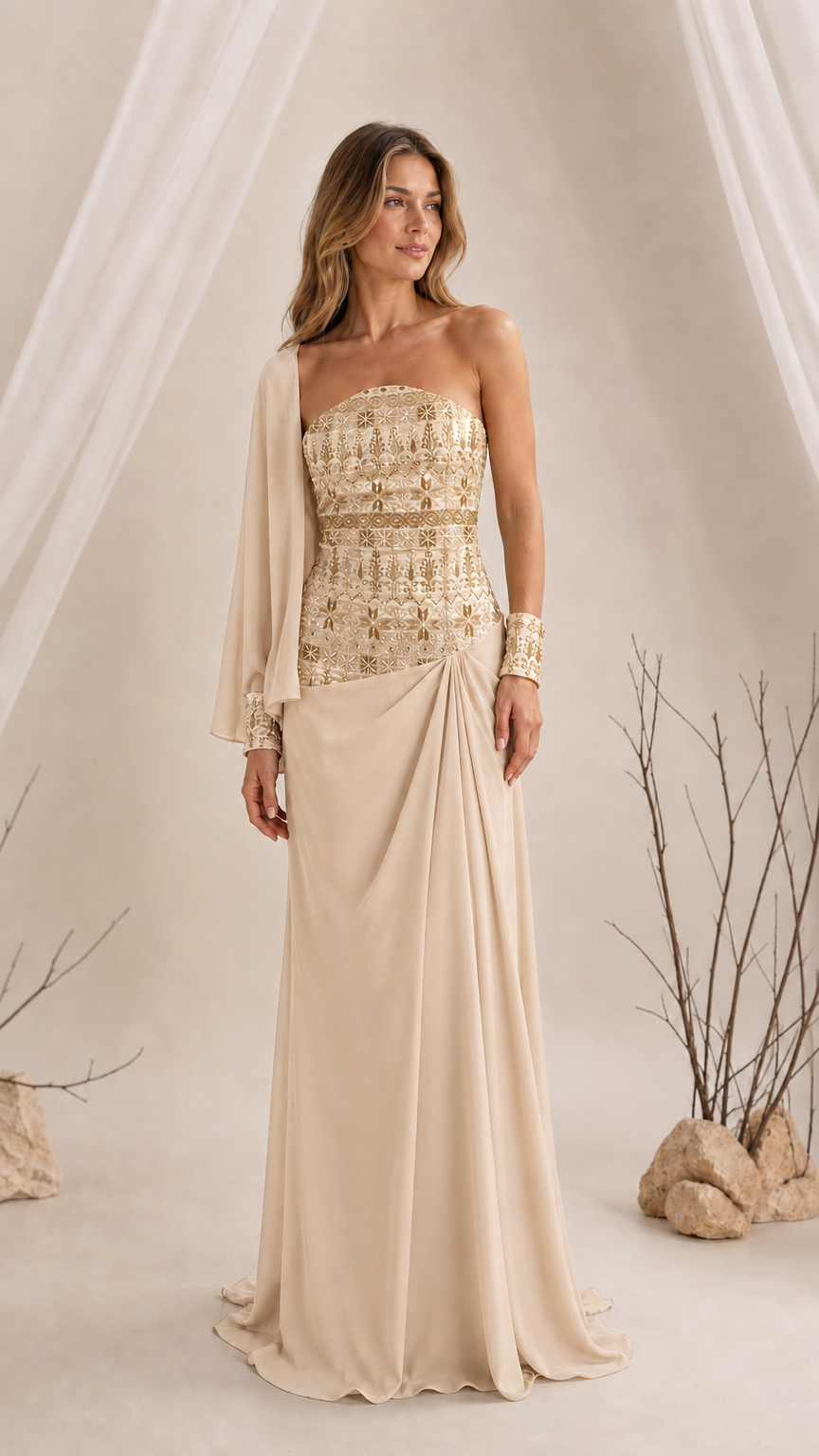 Champagne beige strapless formal gown with embroidered details