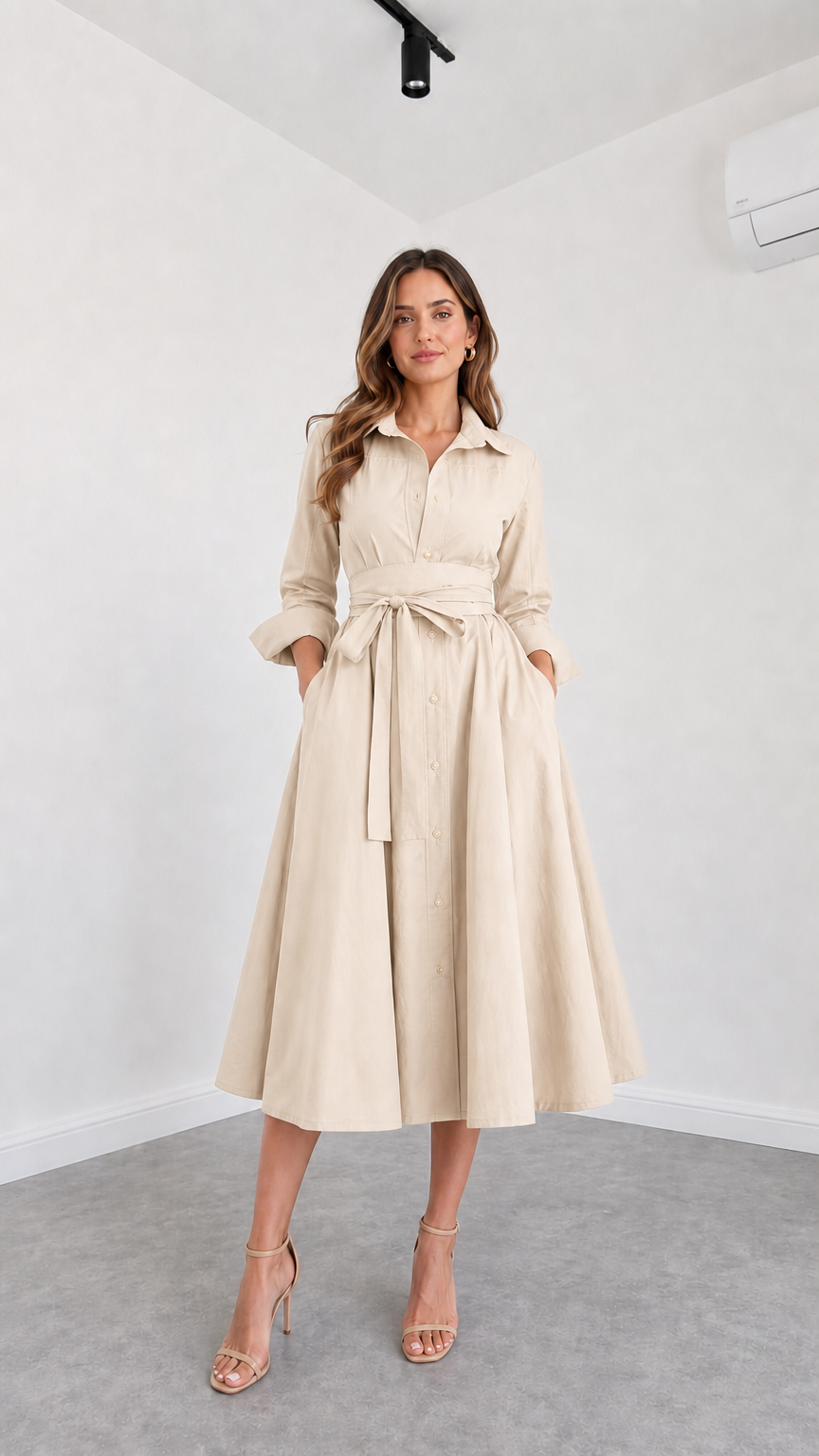 Front view of model wearing Beige button-down belted midi shirt dress