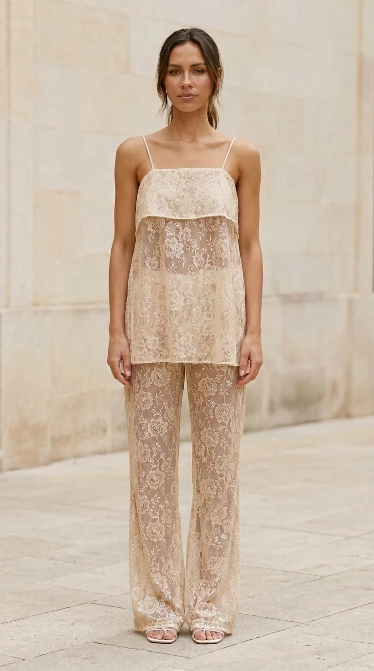 Model wearing champagne lace cami top and matching pants