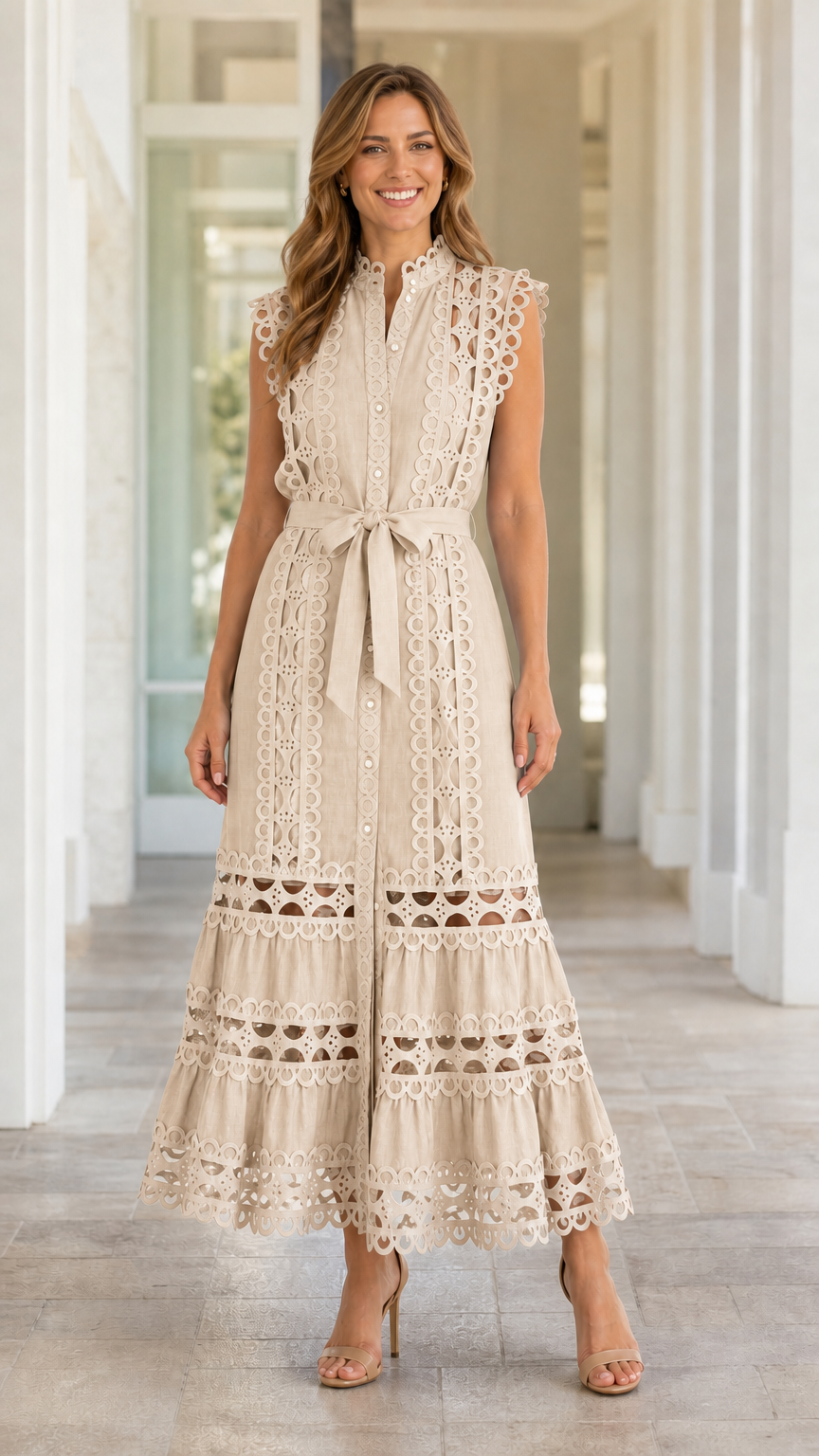 Full length view of model wearing Beige eyelet lace midi dress