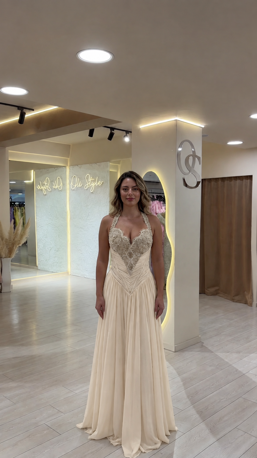 Model wearing champagne cream halter evening gown with beaded detail
