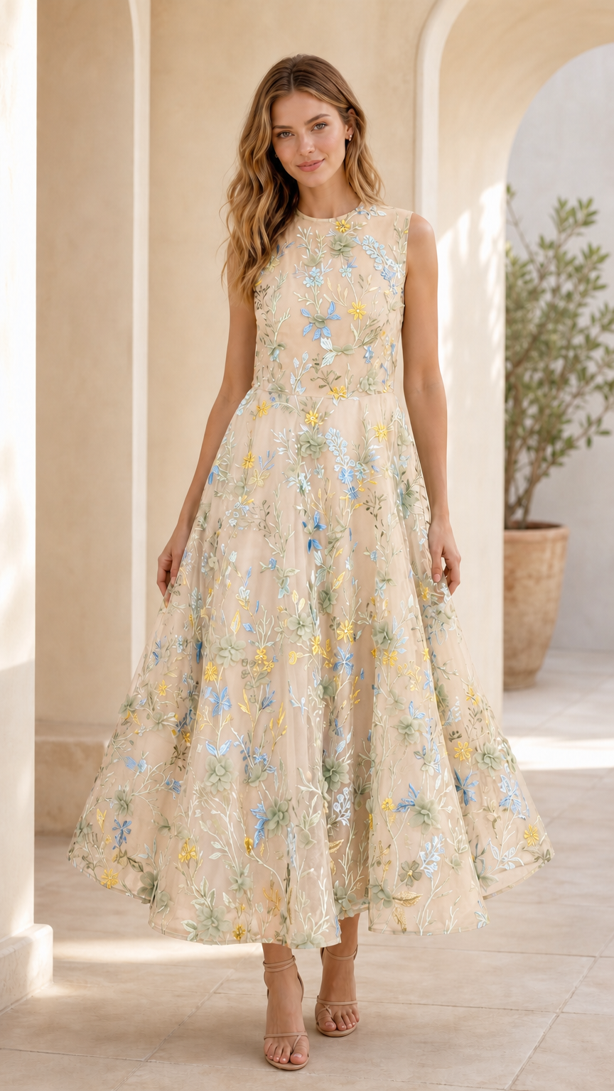 Champagne floral embroidered midi dress front view