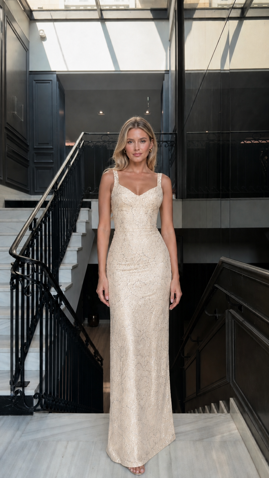 Front view of champagne metallic lace evening dress