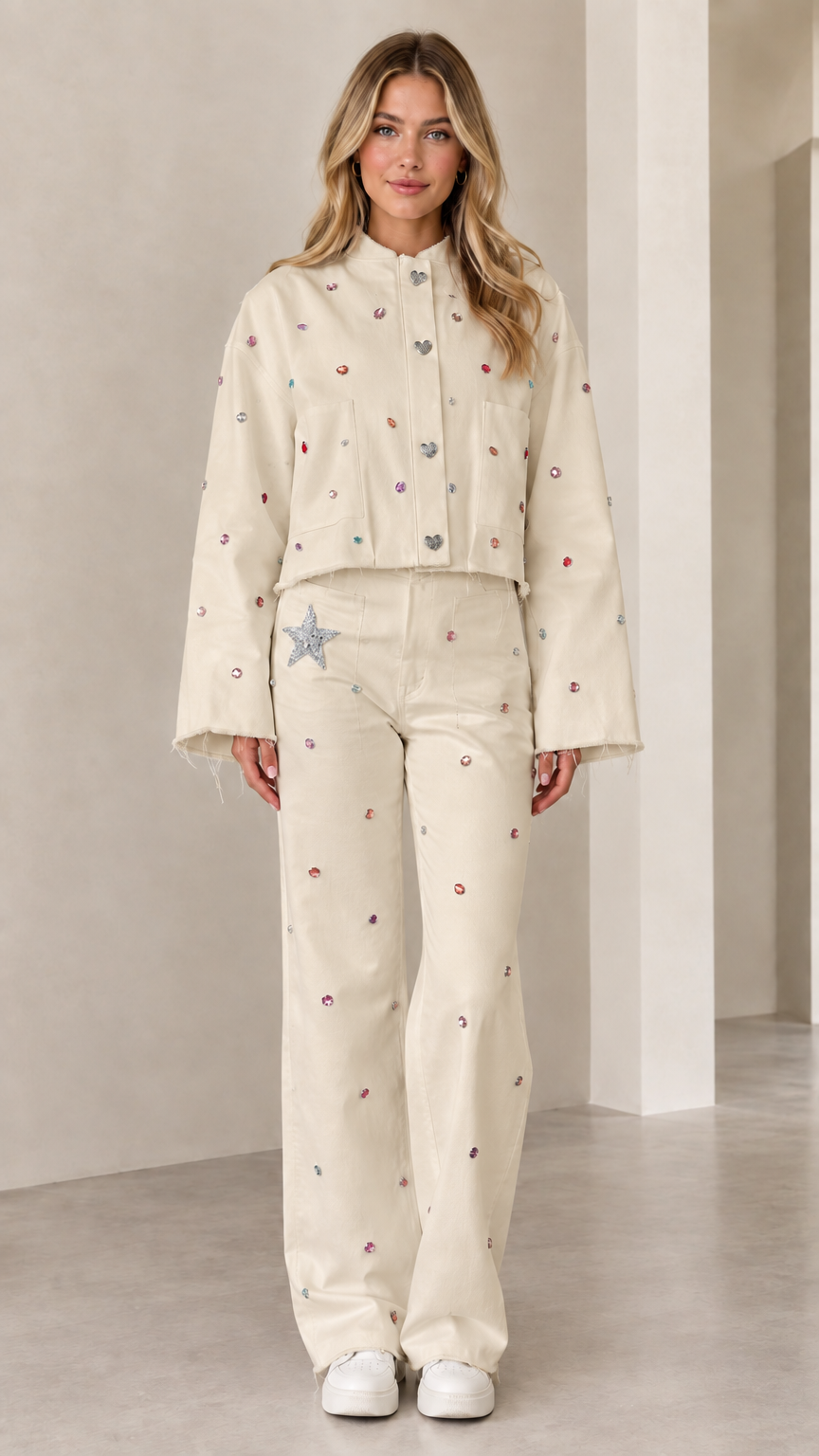 Full front view of cream off-white rhinestone cropped jacket and pant set