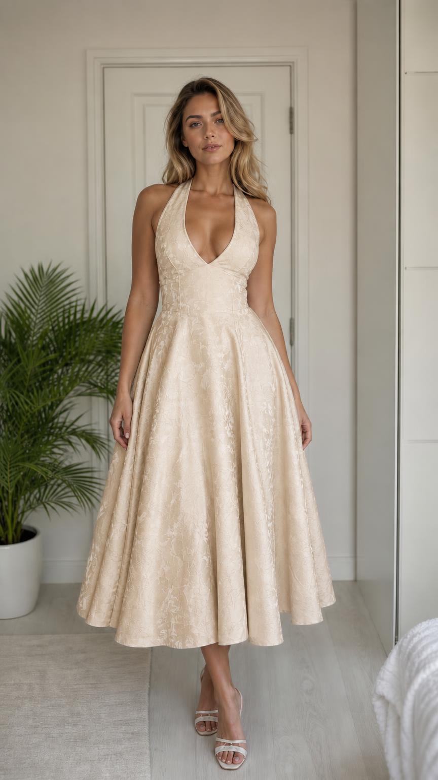 Model wearing champagne halter midi dress