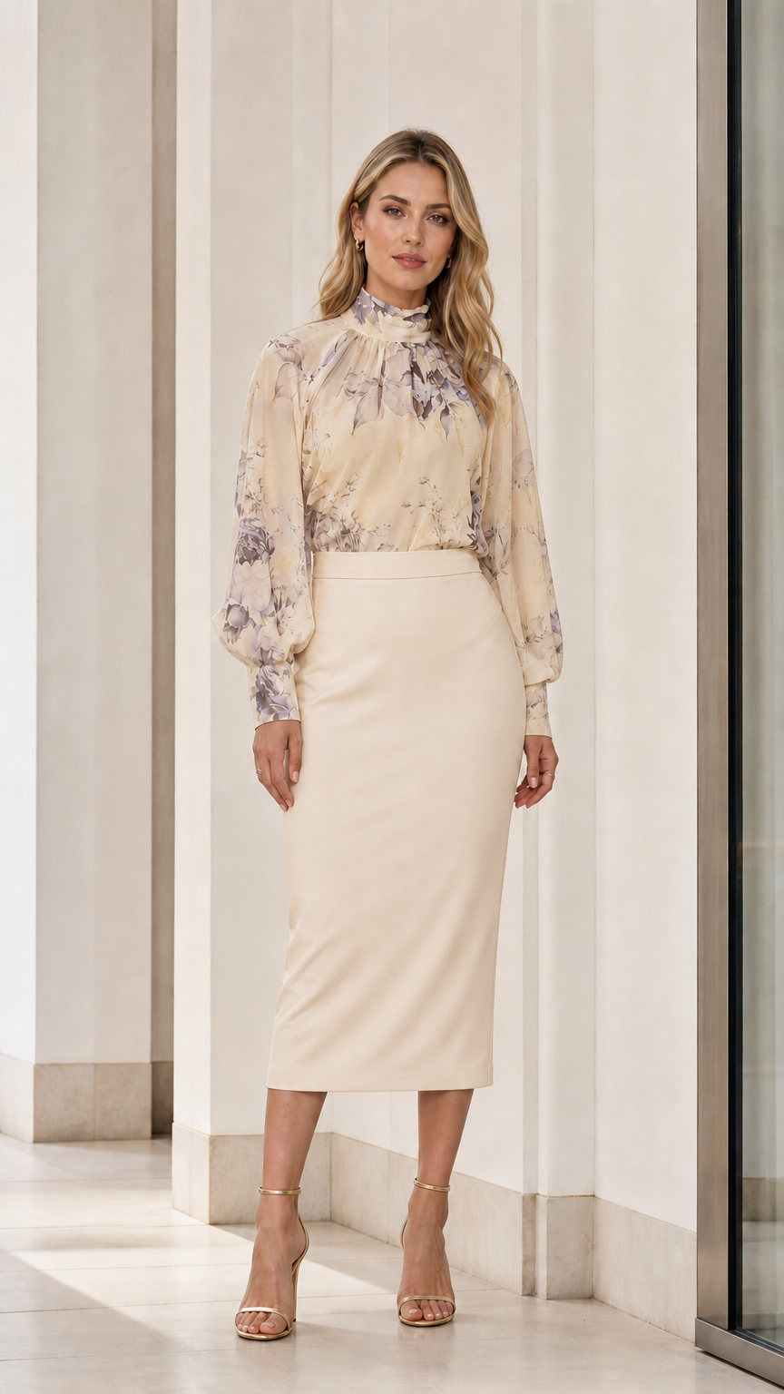 Front view of champagne floral blouse and skirt set