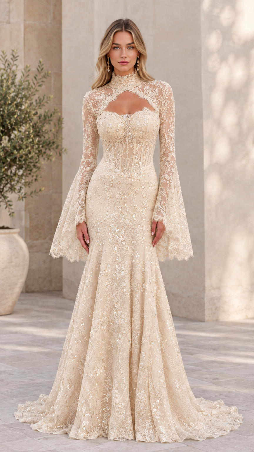 Front view of model wearing champagne ivory lace mermaid gown with sheer flare sleeves