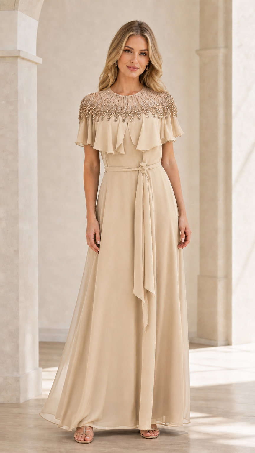 Front view of champagne beaded capelet maxi dress