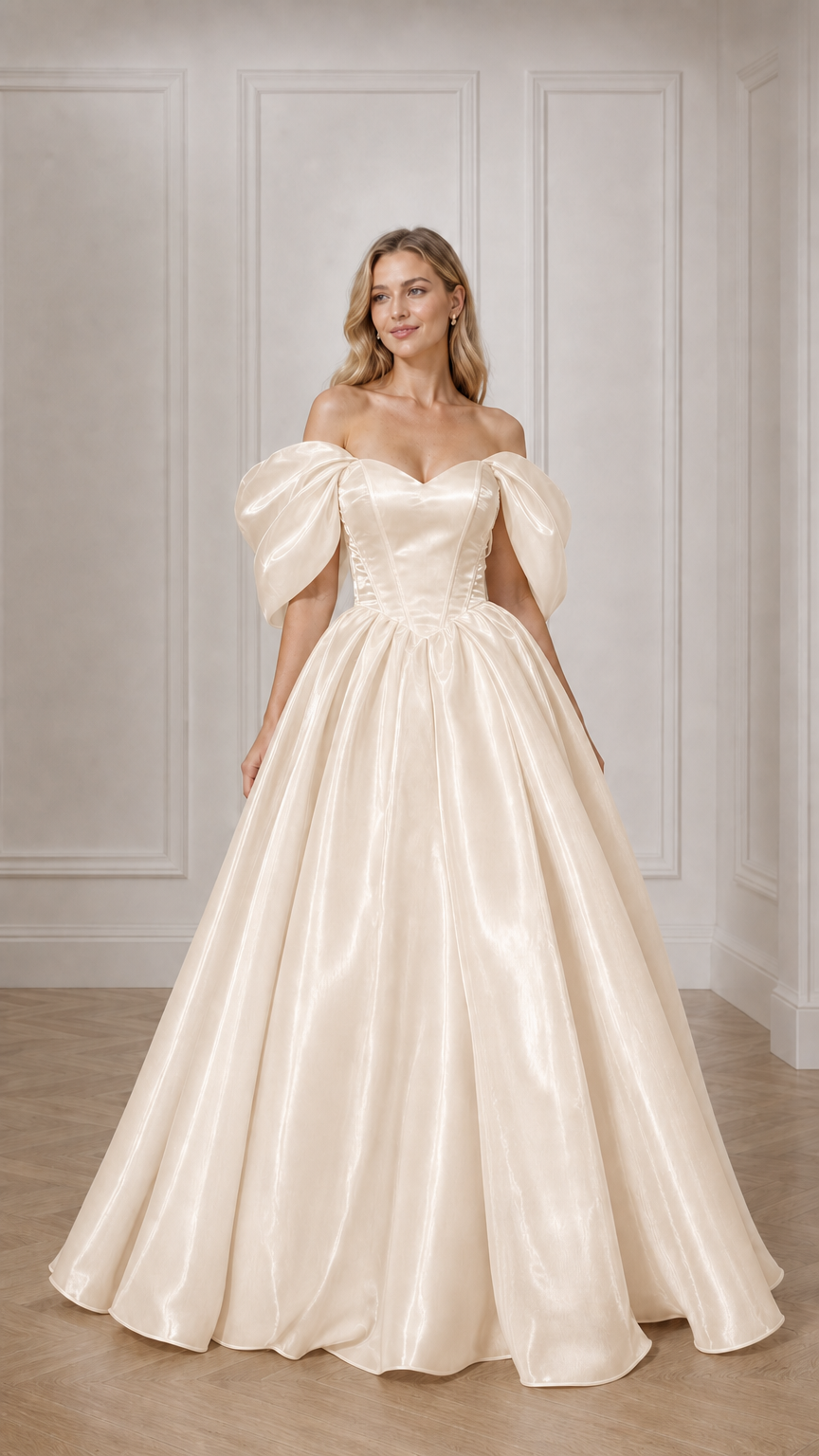 Full view of woman in champagne off-the-shoulder satin ball gown