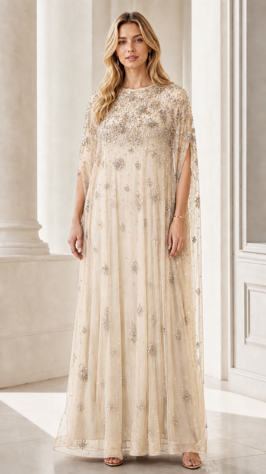 Front view of champagne beaded mesh cape maxi dress