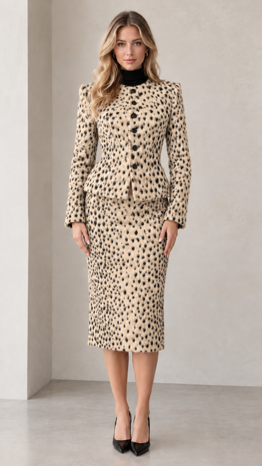 Front full-length view of beige two-piece peplum skirt set