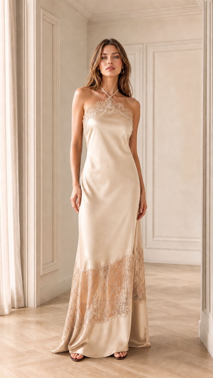 Champagne cream satin halter maxi dress with sheer lace panel