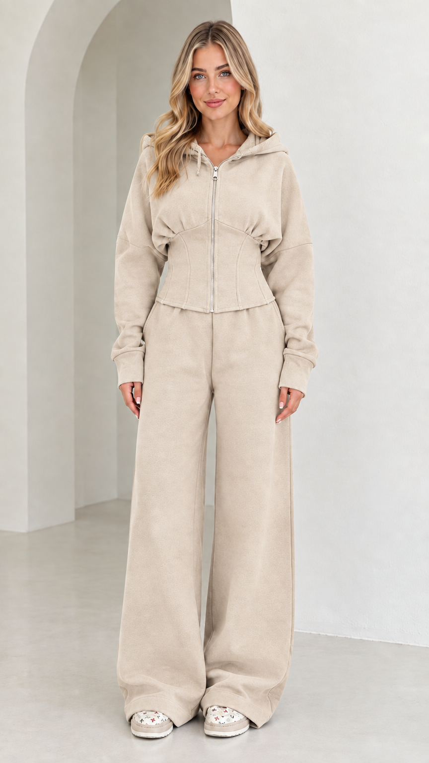 Full-length view of women's corset hoodie and wide-leg sweatpants set in Cream