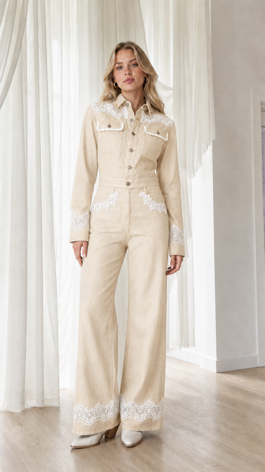 Model wearing beige western lace trim denim jumpsuit