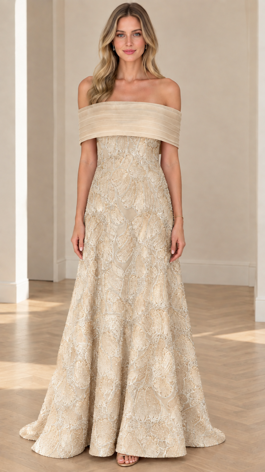 Champagne gold off-the-shoulder embellished evening gown front view