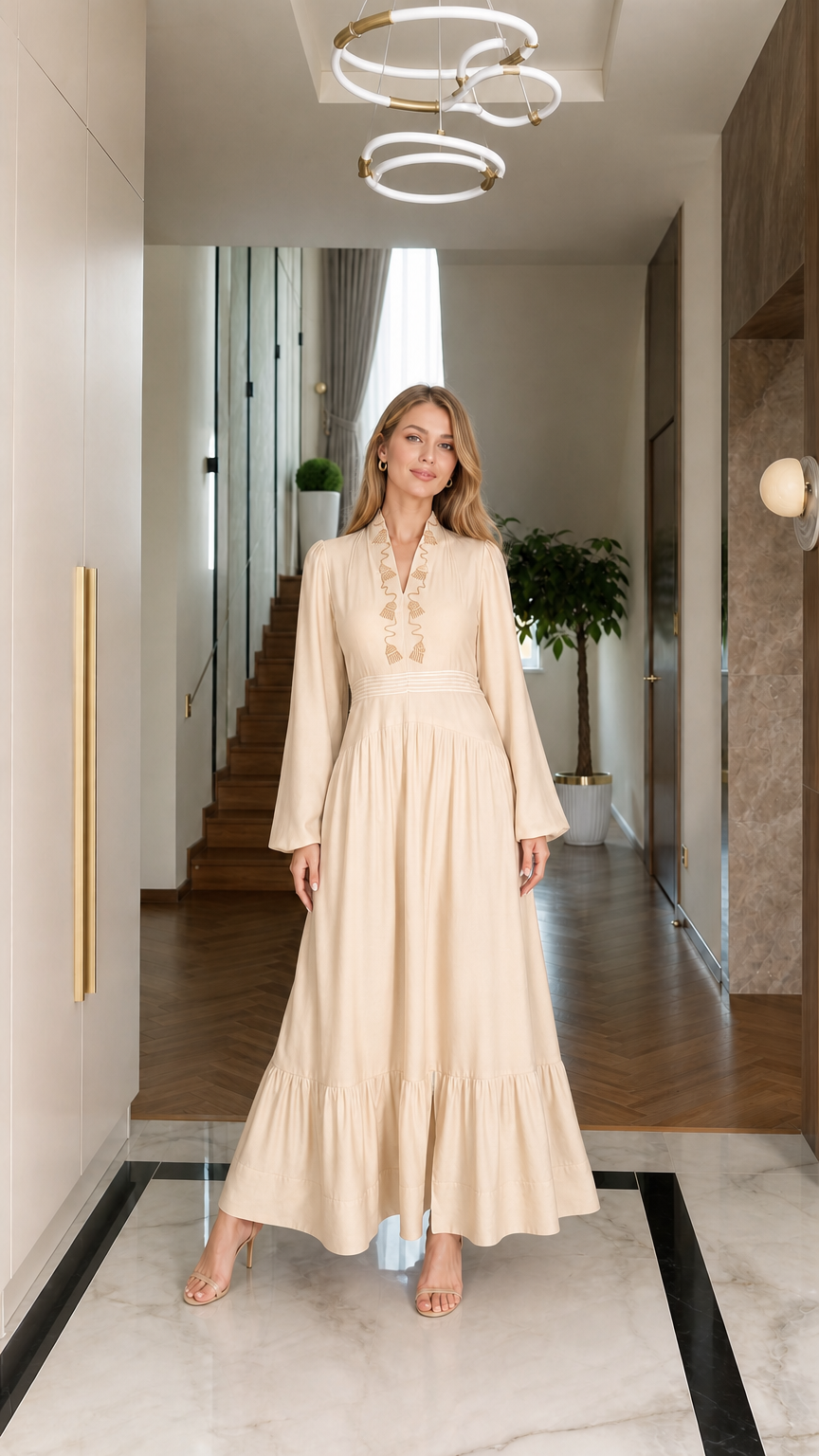 Beige cream long sleeve embroidered tiered maxi dress