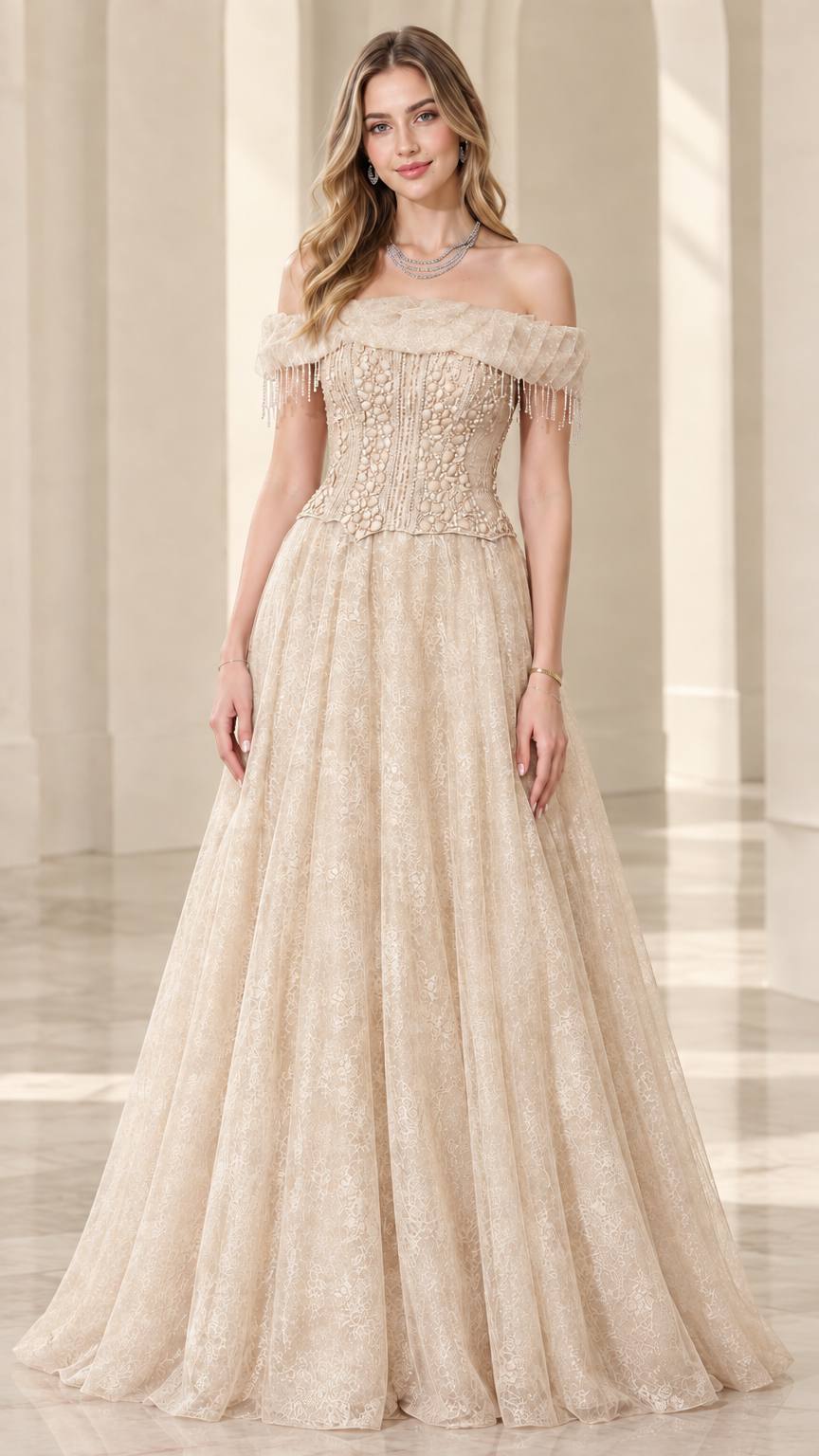 Champagne off-the-shoulder beaded corset lace maxi dress
