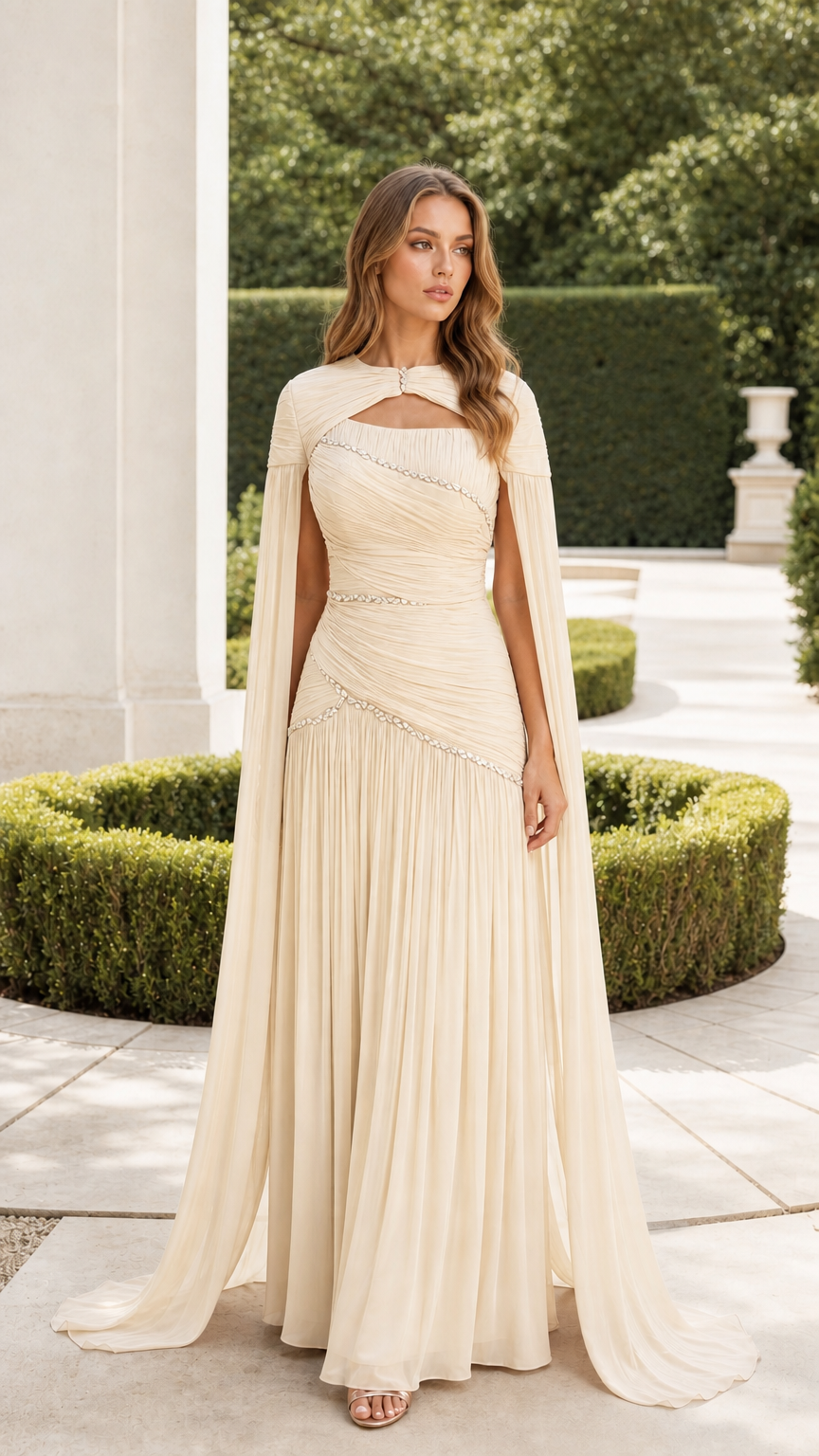 Champagne cream formal cape gown with pleated bodice and rhinestone trim