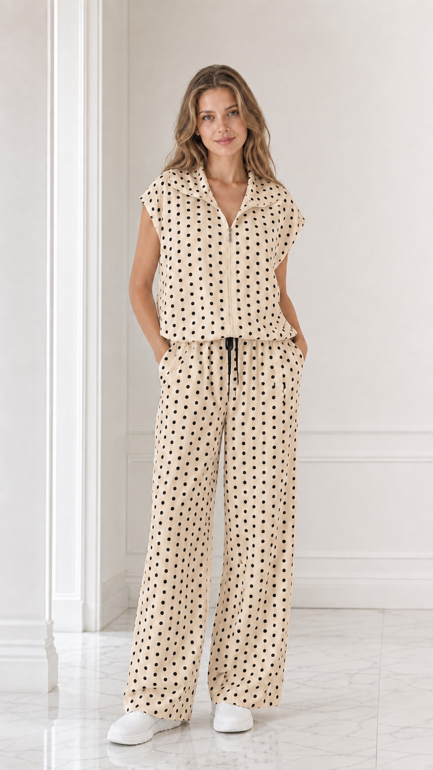 Model wearing beige cream polka dot two-piece set with wide leg pants
