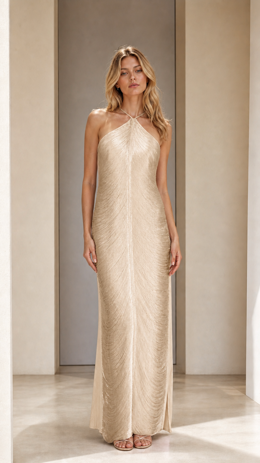 Model wearing champagne halter neck pleated maxi dress