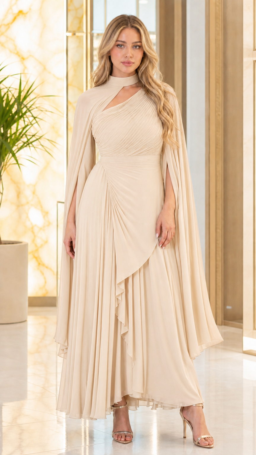 Front view of champagne beige cape sleeve pleated maxi formal gown