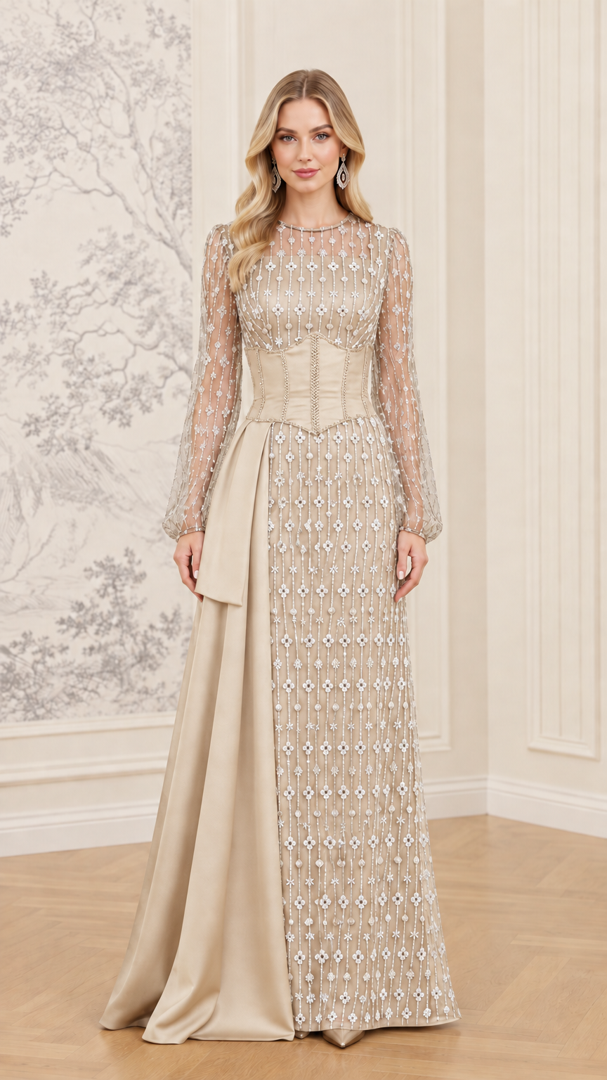 Champagne gold sparkling long sleeve evening gown with corset waist