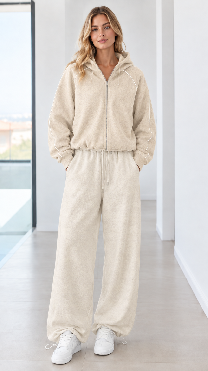 Full body studio shot of model wearing beige cream zip-up hoodie and wide-leg sweatpants set