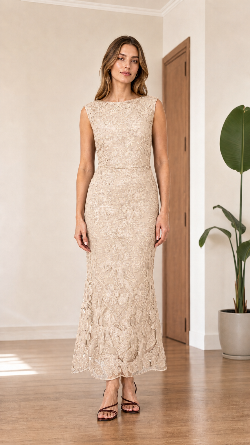 Front view of champagne sleeveless floral lace maxi dress