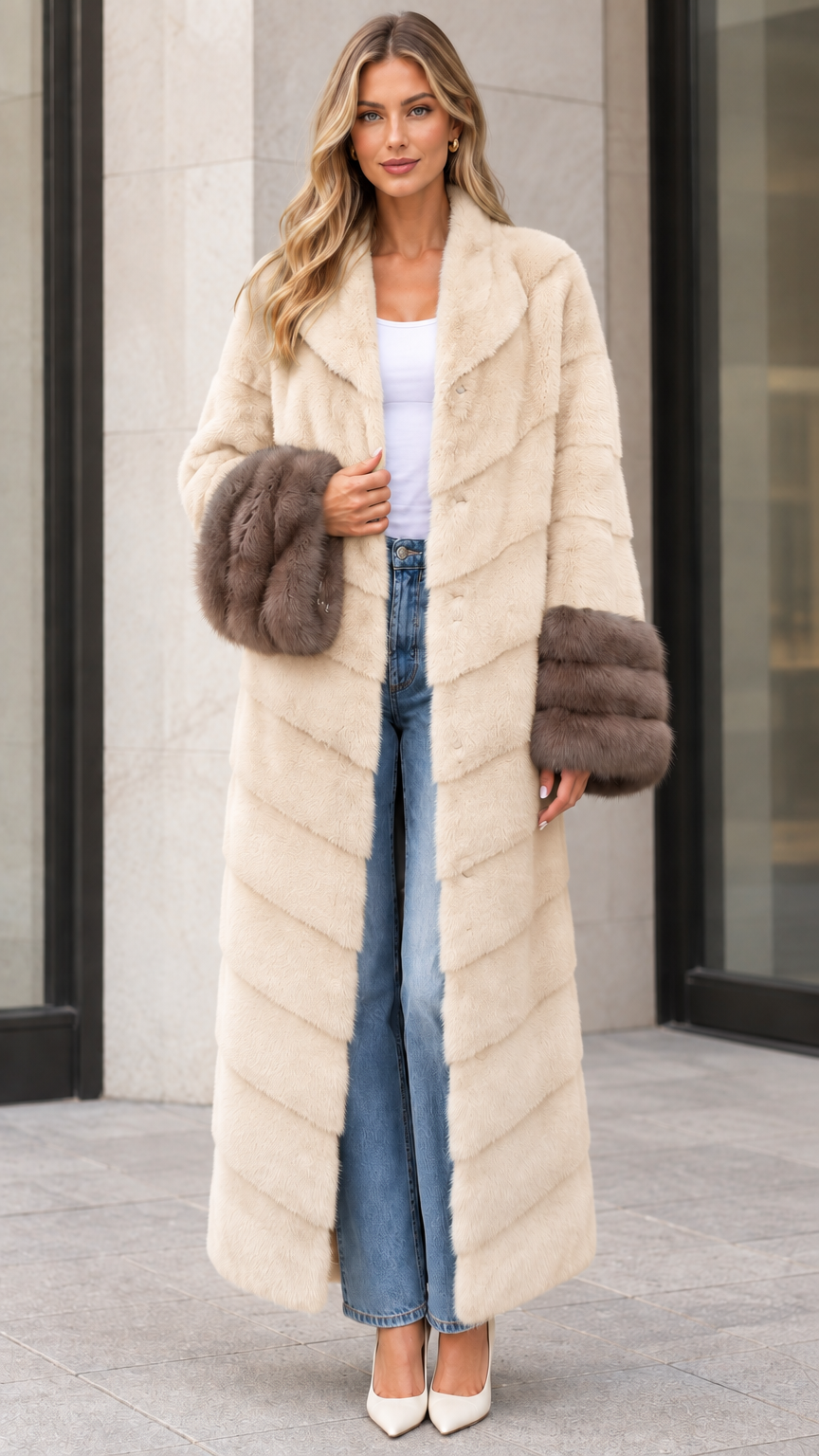 Front view of cream beige chevron maxi faux fur coat with brown plush cuffs