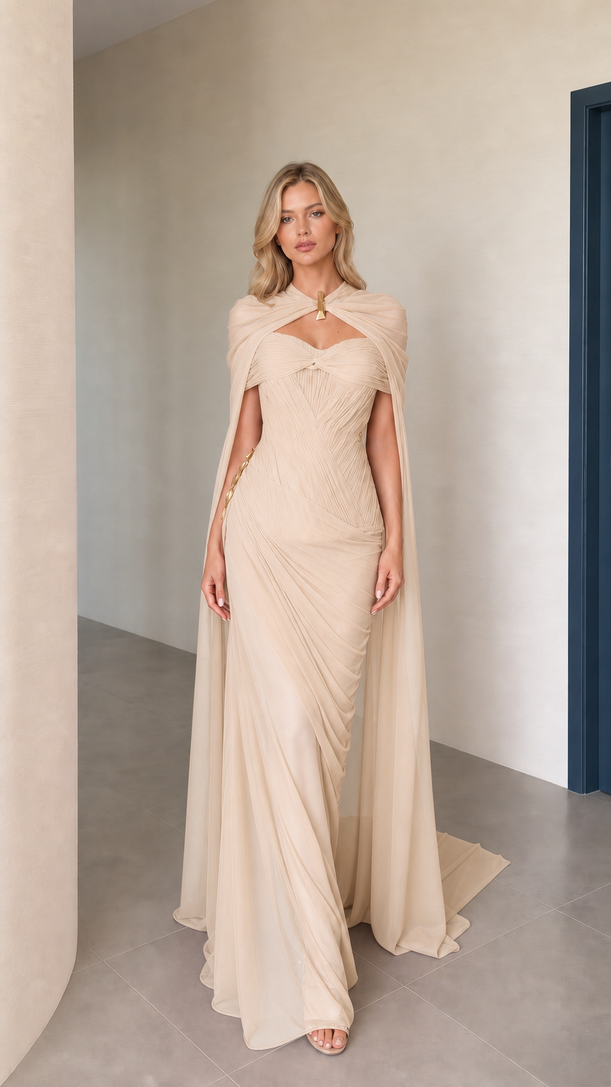Front view of champagne cape maxi evening dress