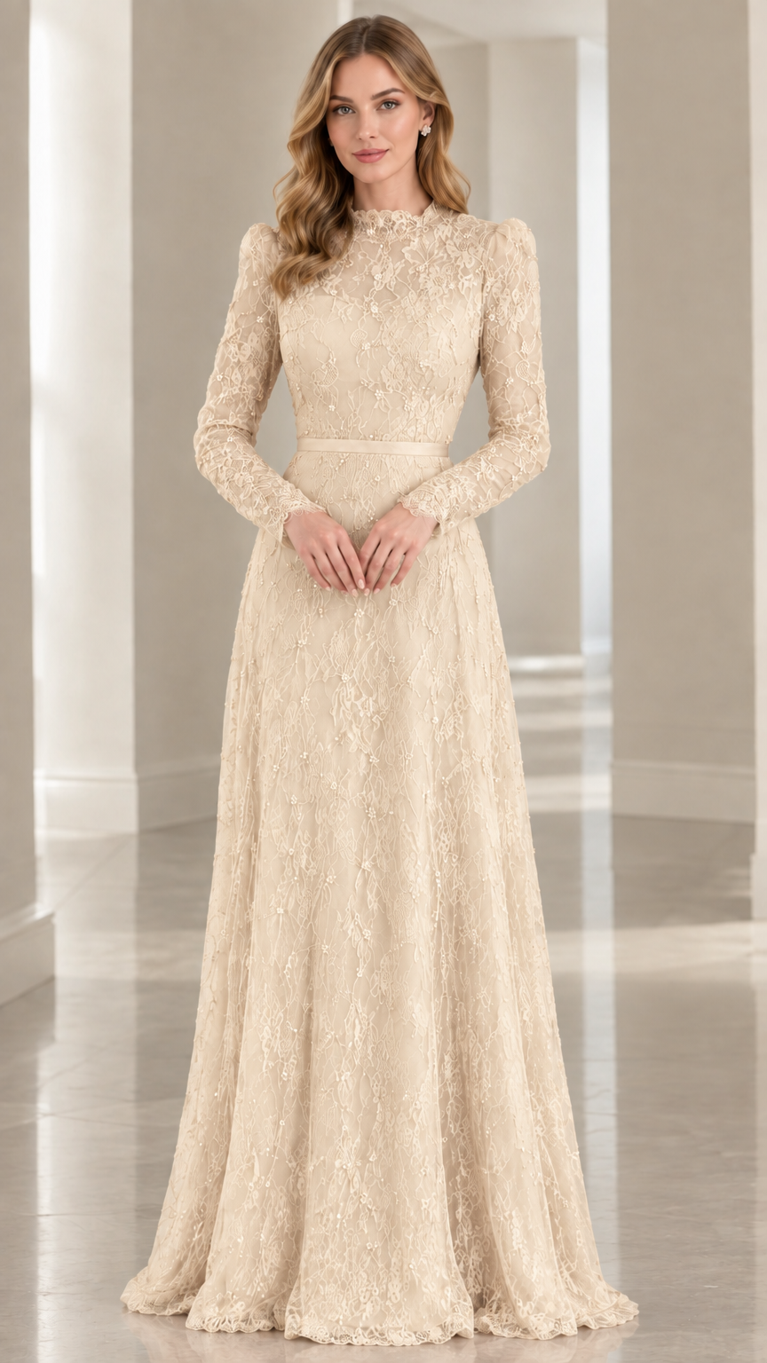 Model wearing champagne cream long-sleeve formal lace maxi dress