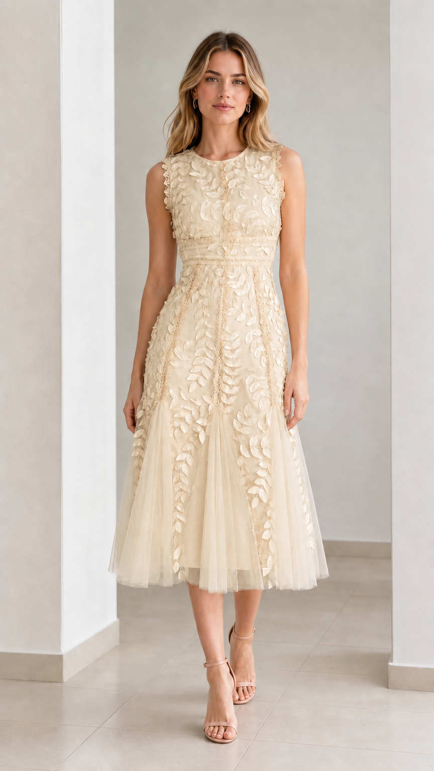 Front view of model wearing champagne embroidered leaf applique midi dress